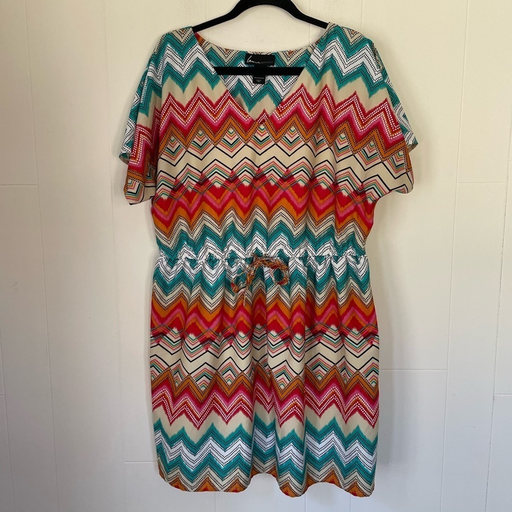 Lane Bryant Short Sleeve Knee Length Dress ~ Tie Waist, Boho Colorful ~ Sz 14/16